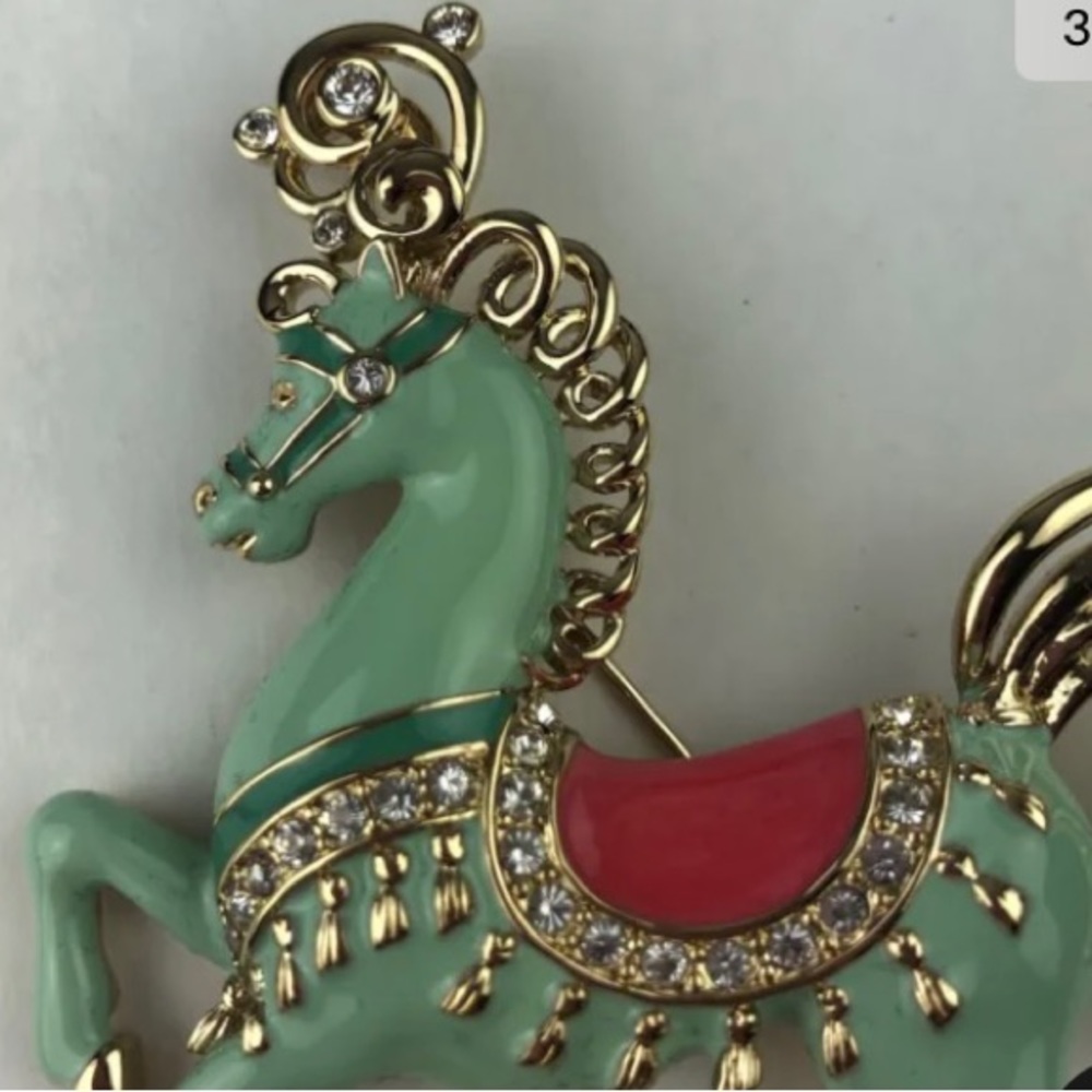 Bob Mackie Aqua & Pink Enameled Crystal Jeweled Carousel Circus Horse Brooch